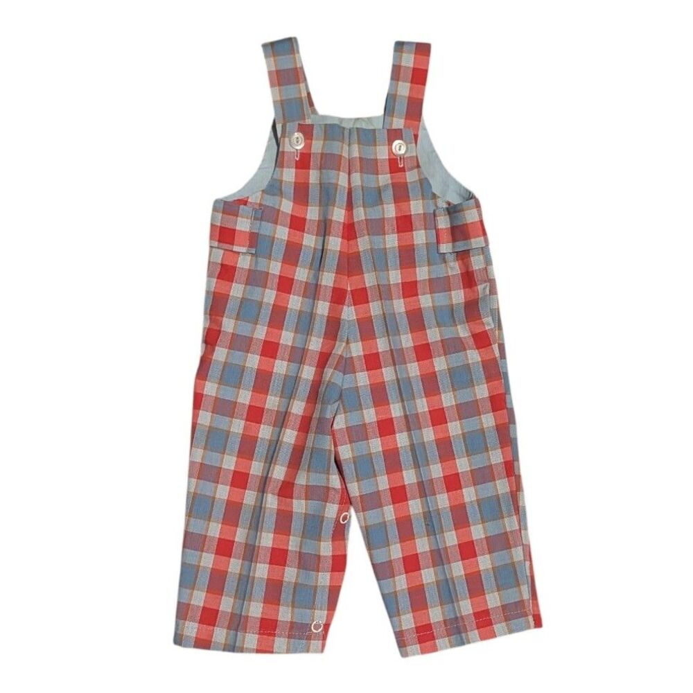 Vintage Sears Perma-Prest Plaid Baby Overalls Red/Blue Sz 9m